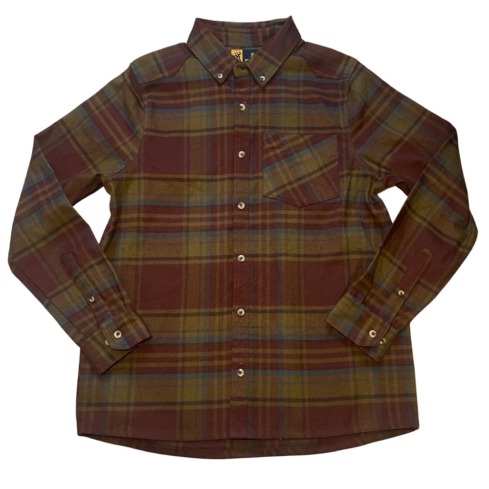 Browning Hunter Heavyweight Plaid Flannel Button Down Shirt Mens L Brown Green